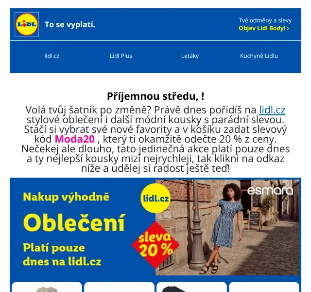 Lidl Plus: 20 % sleva na módní kolekci ESMARA – červenec 2026