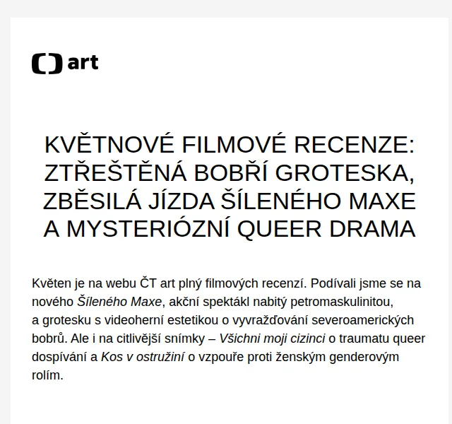 Web ČT art: Filmové recenze (Šílený Max, Stovky bobrů) – červen 2026 | Nuslet.cz
