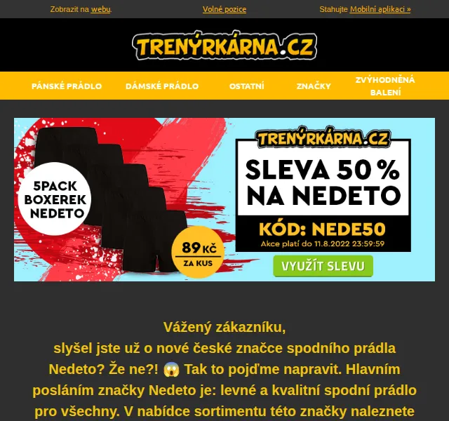 Trenýrkárna.cz: 50% sleva na spodní prádlo Nedeto – červenec 2026 | Nuslet.cz