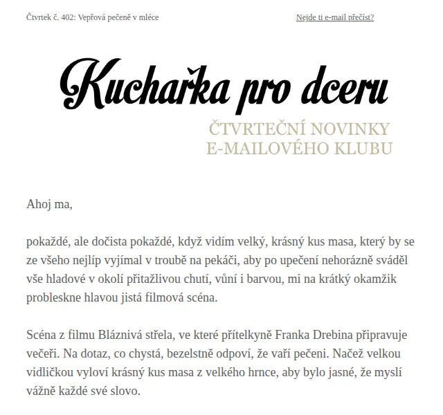 Florentýna - Kuchařka pro dceru: Vepřová pečeně v mléce – červen 2026 | Nuslet.cz