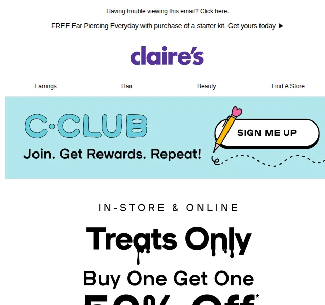 Claire's: BOGO 50% na Halloween essentials – červen 2026 | Nuslet.cz
