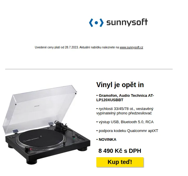 Sunnysoft: Audio-Technica gramofon, JBL sluchátka, Rowenta kartáč – červenec 2026 | Nuslet.cz