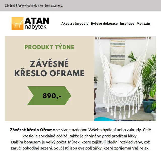 ATAN nábytek: závěsné křeslo OFRAME za 890 Kč – červen 2026 | Nuslet.cz