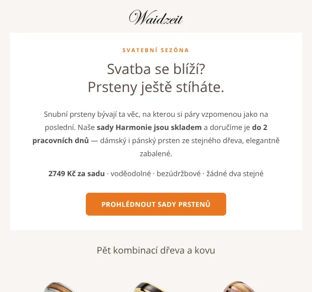 Waidzeit: Snubní prsteny 2749 Kč – Srpen 2026