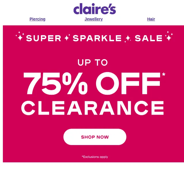 Claire's: Super Sparkle Sale – sleva až 75 % – červen 2026 | Nuslet.cz