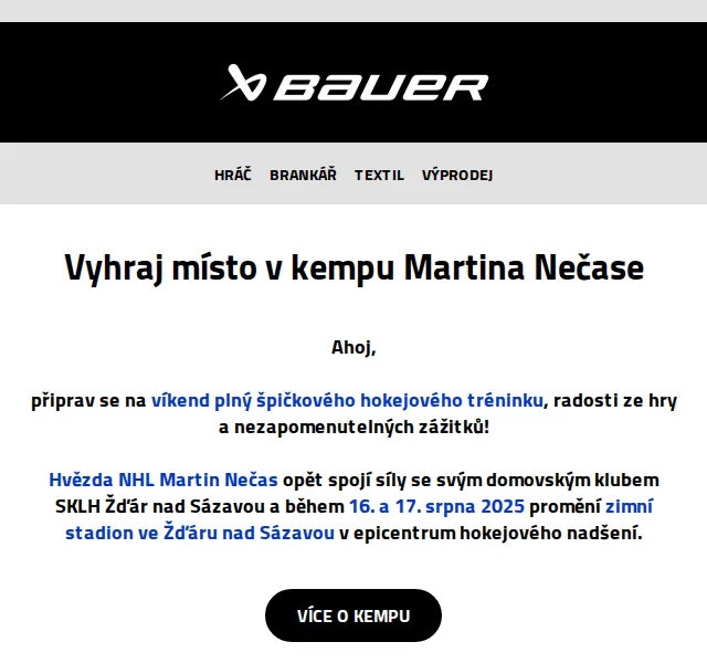 Bauer Hockey Česko: Vyhraj místo v kempu s Martinem Nečasem – červen 2026 | Nuslet.cz