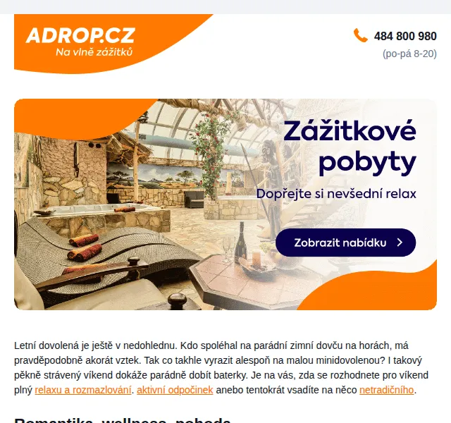 Adrop: Zážitkové pobyty po celé ČR – wellness, pobyty od 1 540 Kč – červenec 2026 | Nuslet.cz