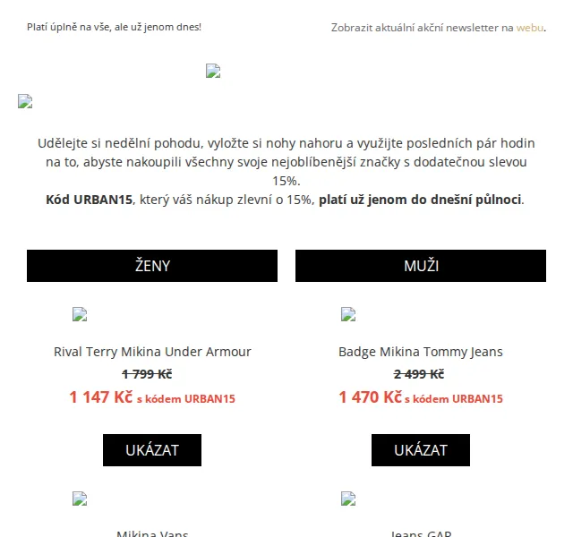 UrbanStore: Extra sleva 15 % do půlnoci – značky Under Armour, Tommy Jeans, Vans – červen 2026 | Nuslet.cz