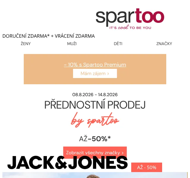 Spartoo.cz: Až -50 % na Jack & Jones – srpen 2026