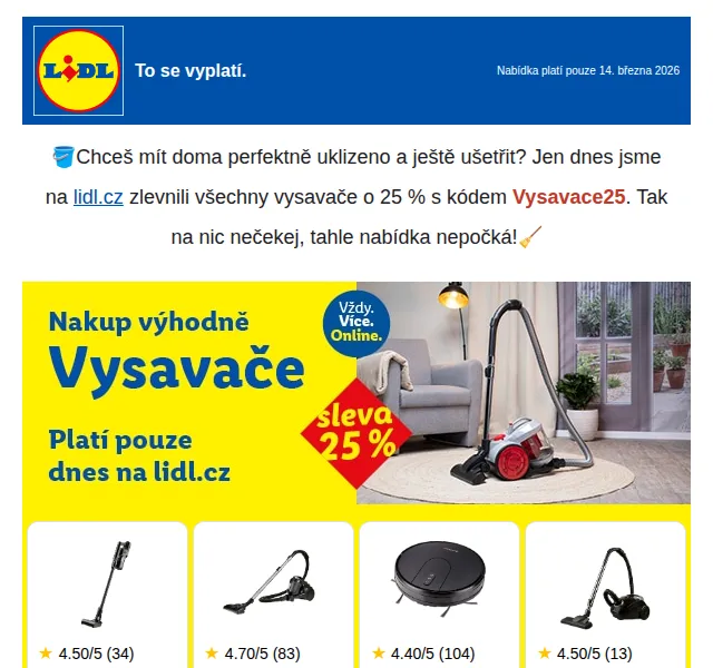 Lidl: 25 % sleva na vysavače – březen 2026 | Nuslet.cz