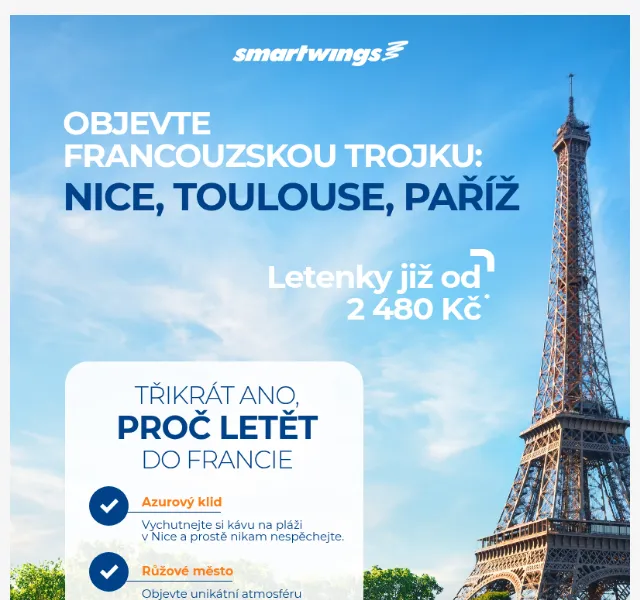 Smartwings: Letenky do Francie od 2 150 Kč – červenec 2026 | Nuslet.cz