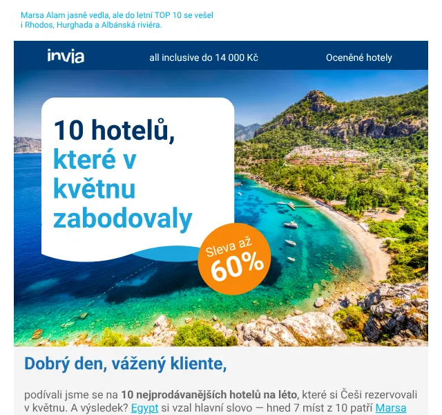 Invia: Top 10 hotelů léto 2026 – Egypt, Řecko, Albánie