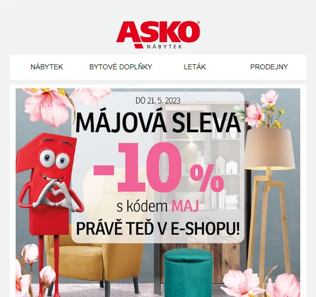Asko Nábytek: Májová sleva 10 % – červen 2026 | Nuslet.cz
