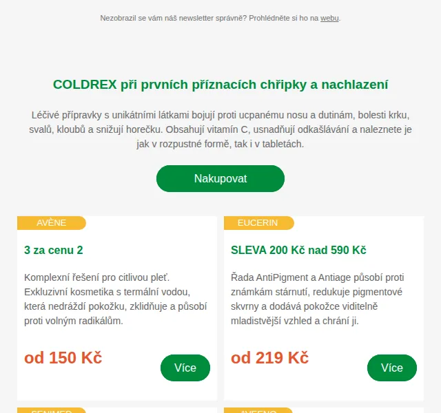 Lékárna.cz: COLDREX, AVÉNE 3 za 2, EUCERIN -200 Kč – červenec 2026 | Nuslet.cz