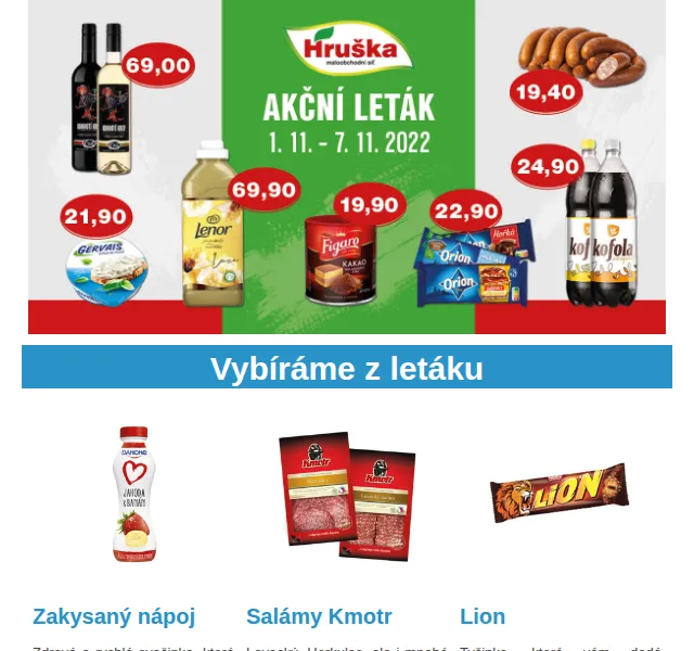 Váš HRUŠKA tým: Nový leták – zakysané nápoje 22,90 Kč, salámy Kmotr 29,40 Kč – červen 2026 | Nuslet.cz