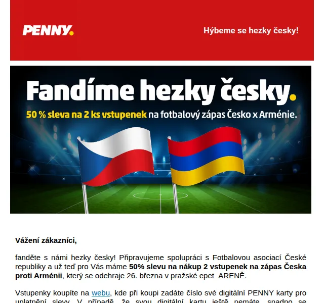 Penny: 50% sleva na vstupenky Česko vs. Arménie – březen 2026 | Nuslet.cz