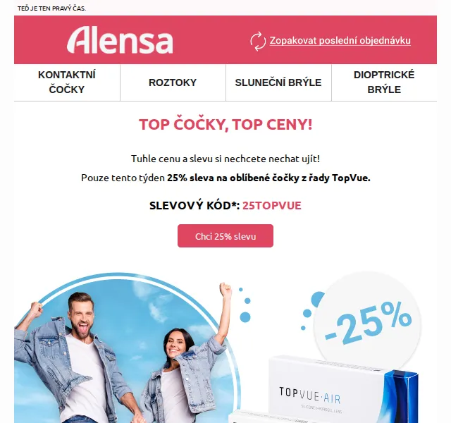 Alensa: 25% sleva na kontaktní čočky TopVue – červen 2026 | Nuslet.cz