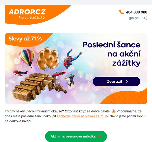 Adrop: zážitkové dárky se slevou až 71 % – červenec 2026 | Nuslet.cz