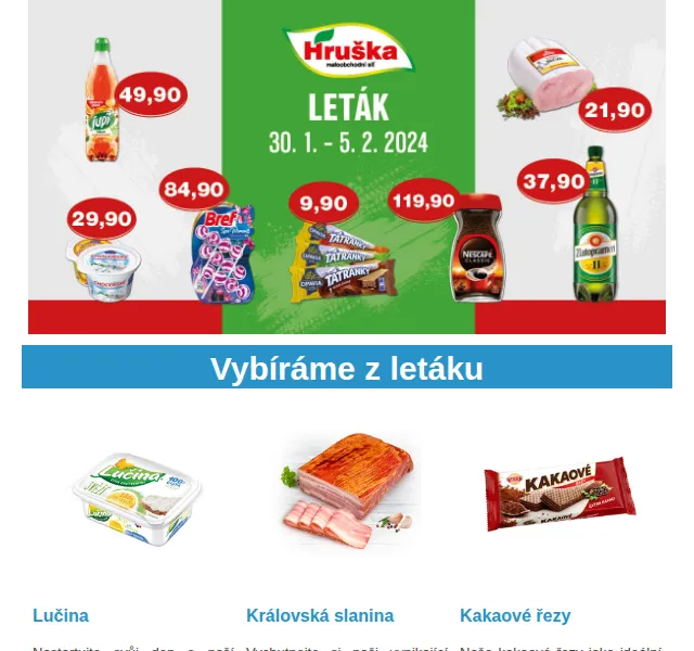 Váš HRUŠKA tým: Lučina, slanina, kakaové řezy od 15,90 Kč – červenec 2026 | Nuslet.cz