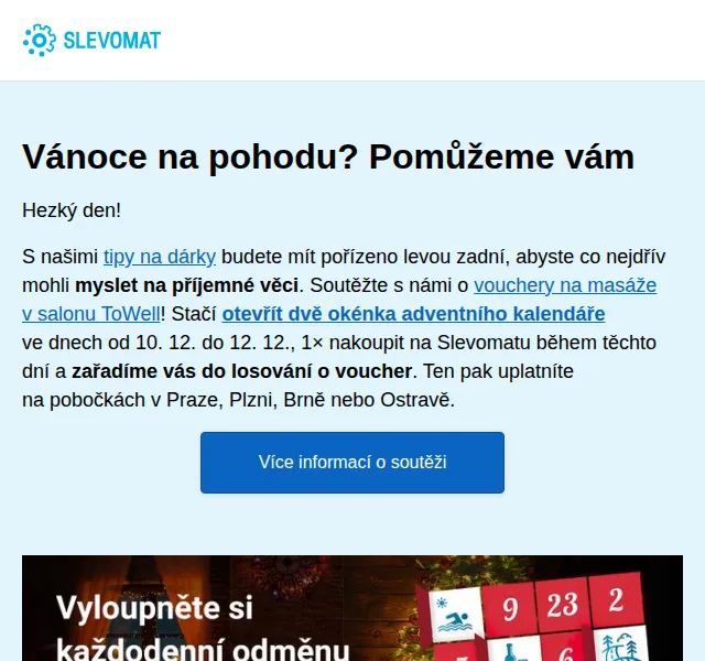 Slevomat: dárky k Vánocům a soutěž o masáž – prosinec 2026 | Nuslet.cz