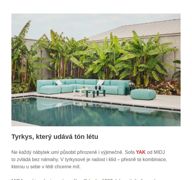 Carelli Nábytek: Kolekce MIDJ a tyrkysová sedačka YAK – červen 2026 | Nuslet.cz