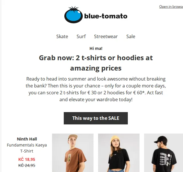 BLUE TOMATO: 2 trička za 30 € nebo 2 mikiny za 60 € – červen 2026 | Nuslet.cz