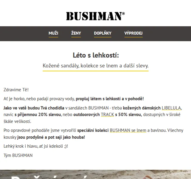 BUSHMAN: sandále LIBELULA i TRACK se slevou 20-50 % – červen 2026 | Nuslet.cz
