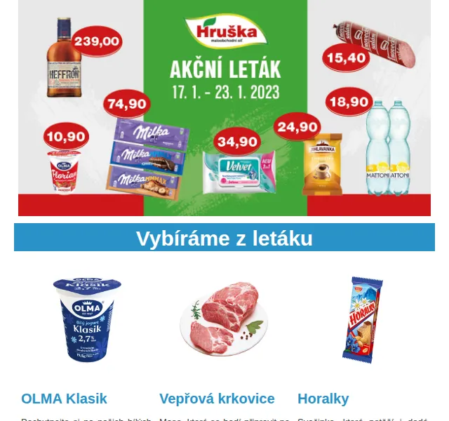 Váš HRUŠKA tým: Leták 17.–23. ledna 2023 – jogurty OLMA, vepřová krkovice | Nuslet.cz