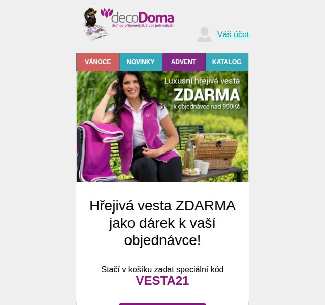 decoDoma: Hřejivá vesta ZDARMA k objednávce – červen 2026 | Nuslet.cz