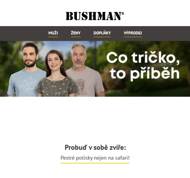 BUSHMAN: Trička a šátky se zvířecími potisky od 499 Kč – červen 2026 | Nuslet.cz