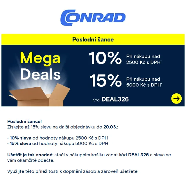 Conrad: Sleva až 15 % s kódem DEAL326 – březen 2026 | Nuslet.cz