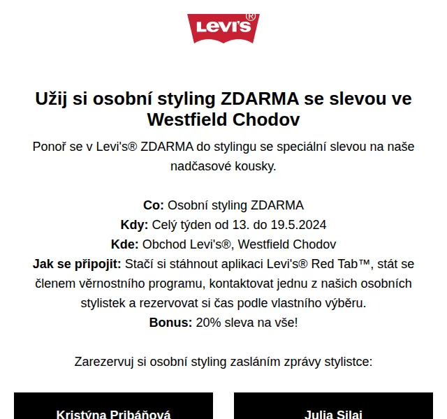 Levi's: Osobní styling zdarma + 20% sleva – červen 2026 | Nuslet.cz