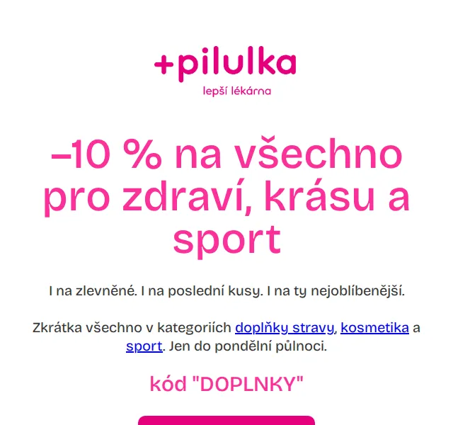 Pilulka.cz: 10% sleva na zdraví, krásu a sport – červen 2026 | Nuslet.cz