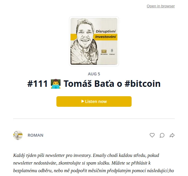 Substack: Tomáš Baťa o Bitcoinu – červen 2026 | Nuslet.cz