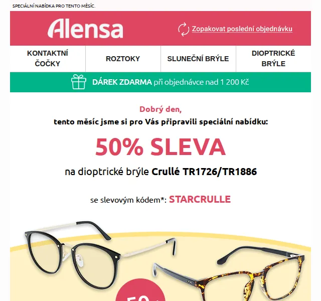 Alensa: Sleva 50 % na dioptrické brýle Crullé – červen 2026 | Nuslet.cz