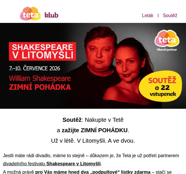 Teta drogerie: Soutěž o vstupenky Shakespeare – červen 2026