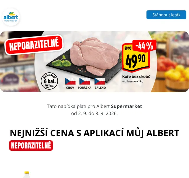 Albert: Kuře 49,90 Kč/kg, Eduscho 299 Kč – září 2026