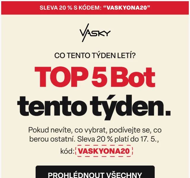 Vasky: Top 5 nejprodávanějších bot -20 % | Květen 2026
