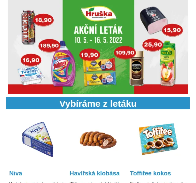 Váš HRUŠKA tým: Leták s Nivou, Havířskou klobásou a Toffifee kokos – červen 2026 | Nuslet.cz