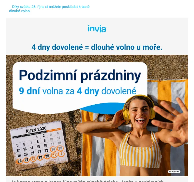 Invia: podzimní dovolená od 12 207 Kč – srpen 2026