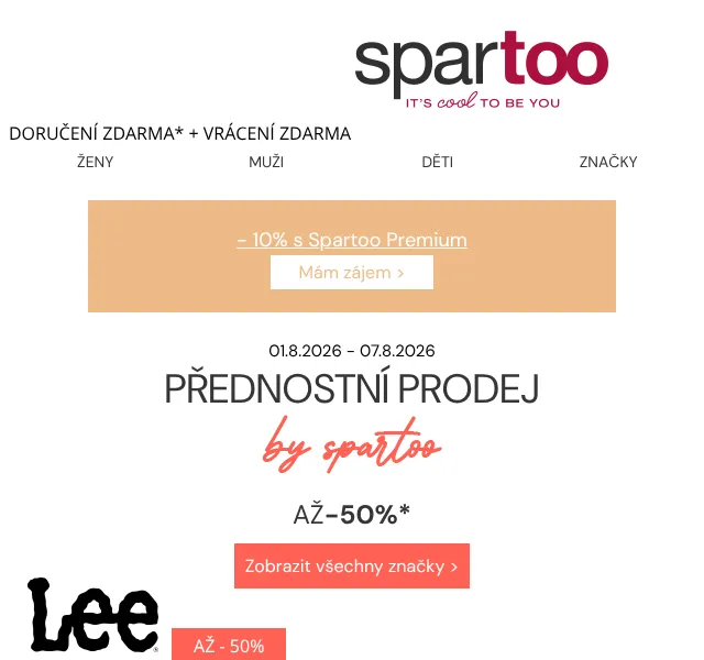 Spartoo.cz: sleva až -50 % na Lee, Carlington, Columbia – srpen 2026