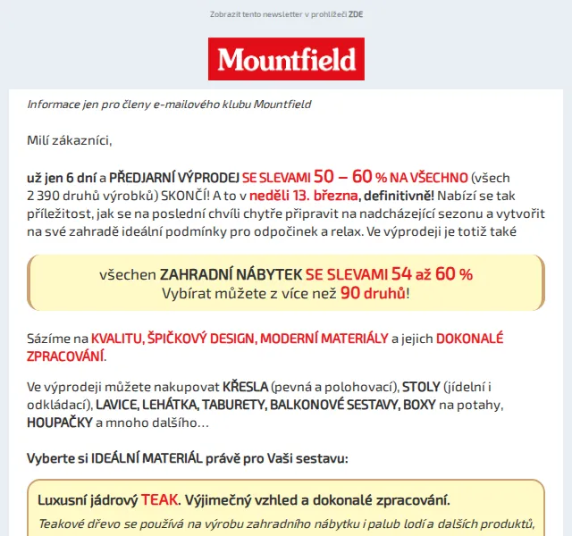 Mountfield: Zahradní nábytek se slevou 54-60 % – červen 2026 | Nuslet.cz