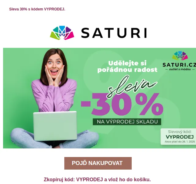 Saturi: Sleva 30 % na výprodejové zboží – červen 2026 | Nuslet.cz