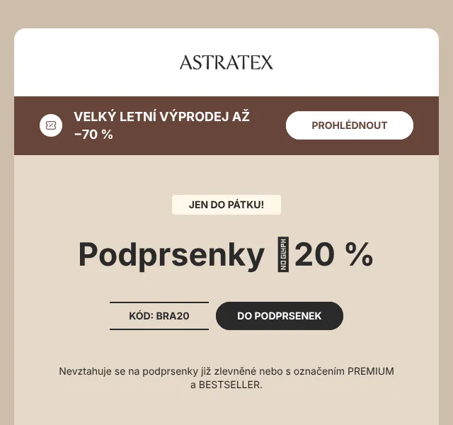 Astratex.cz: Podprsenky −20 % – Srpen 2026 | Nuslet.cz