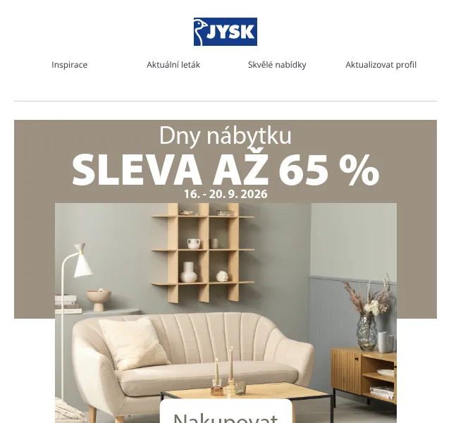 JYSK: Nábytku až -65 % – září 2026