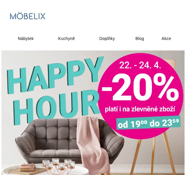Möbelix: sleva 20 % na nábytek Happy Hour – červen 2026 | Nuslet.cz