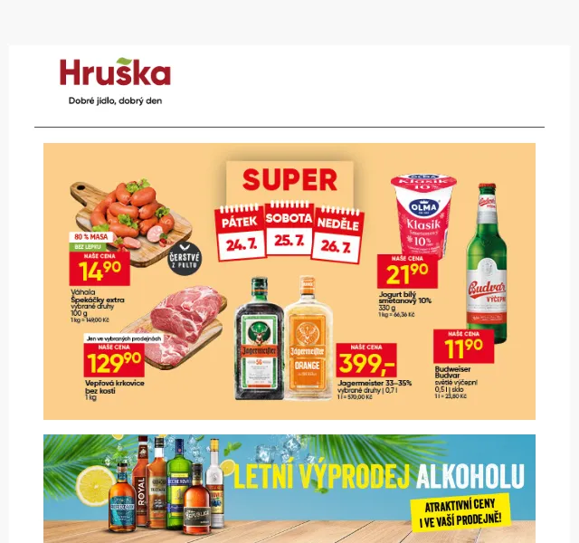 Hruška: Špekáčky 14,90 Kč, Red Bull sleva – červenec 2026