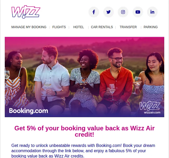 Wizz Air: 5% zpět jako kredit – ubytování na Booking.com – červen 2026 | Nuslet.cz