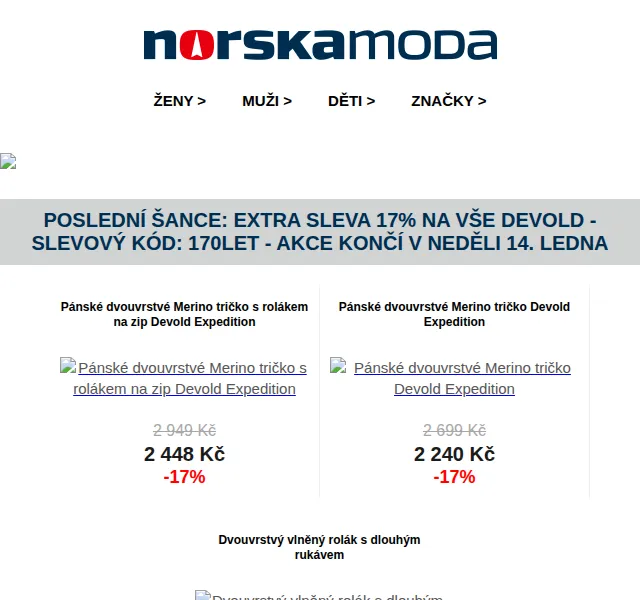 Norskamoda.cz: Extra sleva 17% na Devold – červen 2026 | Nuslet.cz