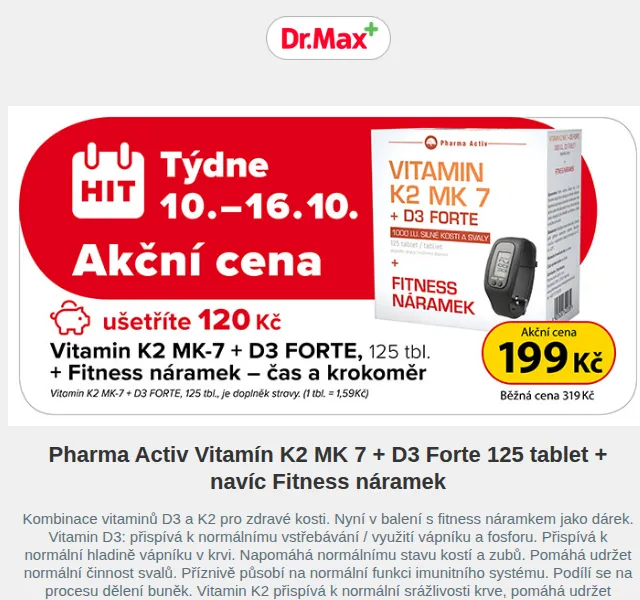 Dr.Max E-shop: Sleva 120 Kč na Pharma Activ Vitamín K2 MK 7 + D3 Forte – červen 2026 | Nuslet.cz